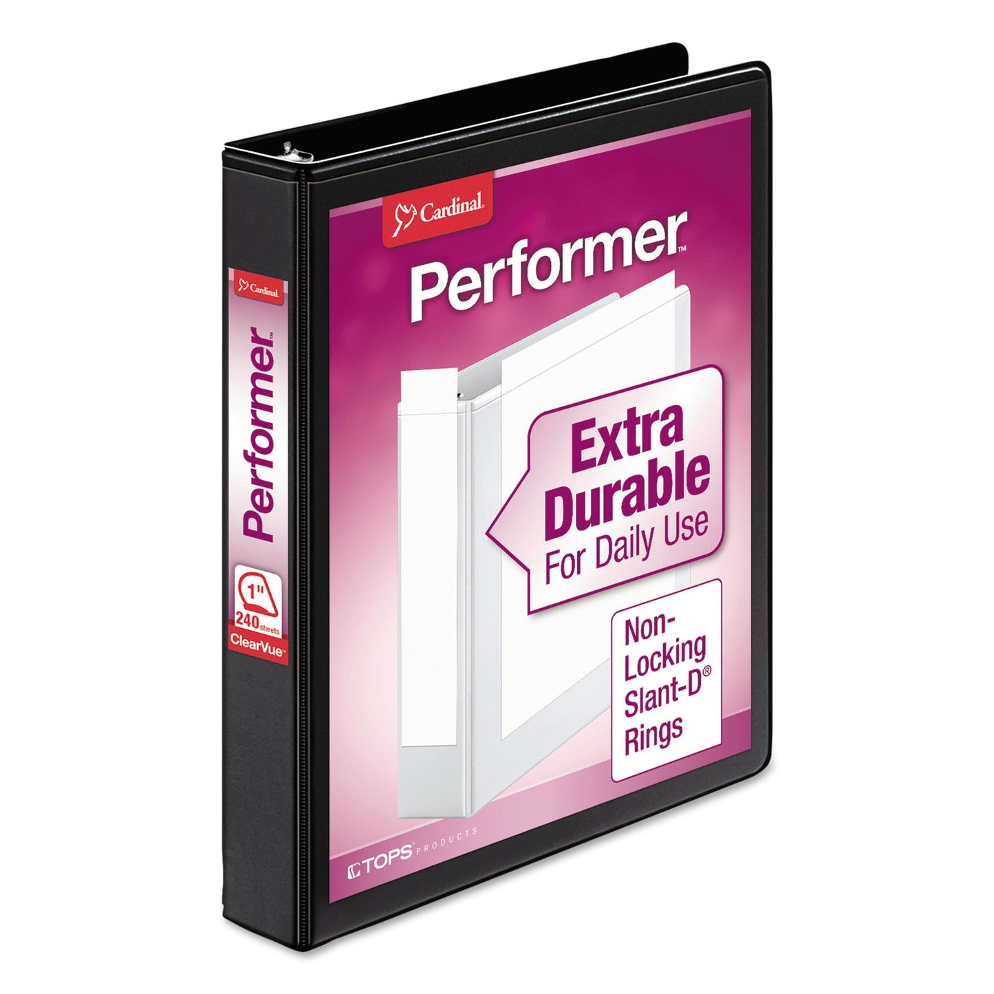 Cardinal Performer ClearVue Slant-D Ring Binder, 3 Rings, 1" Capacity, 11 x 8.5, Black
