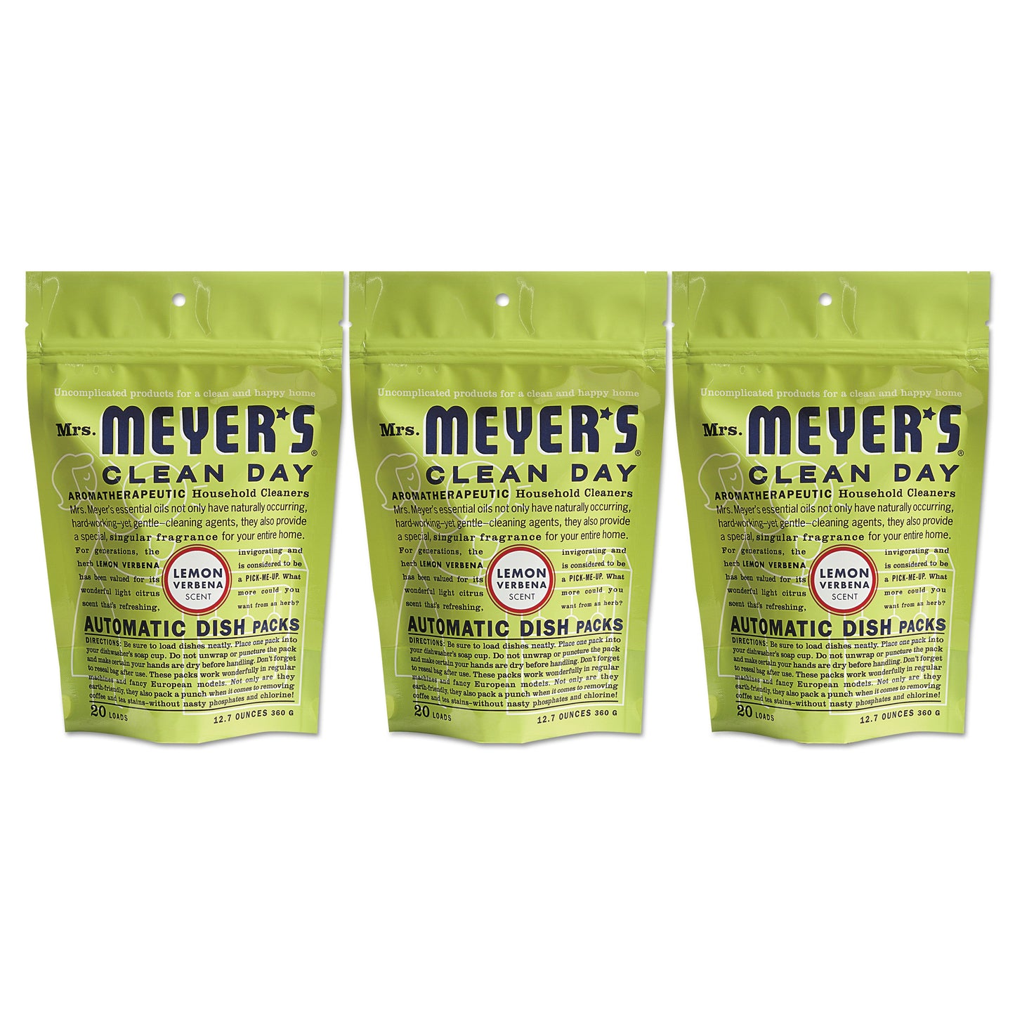 Mrs. Meyer's Automatic Dish Detergent, Lemon, 12.7 oz Pack, 20/Pack, 6/Carton