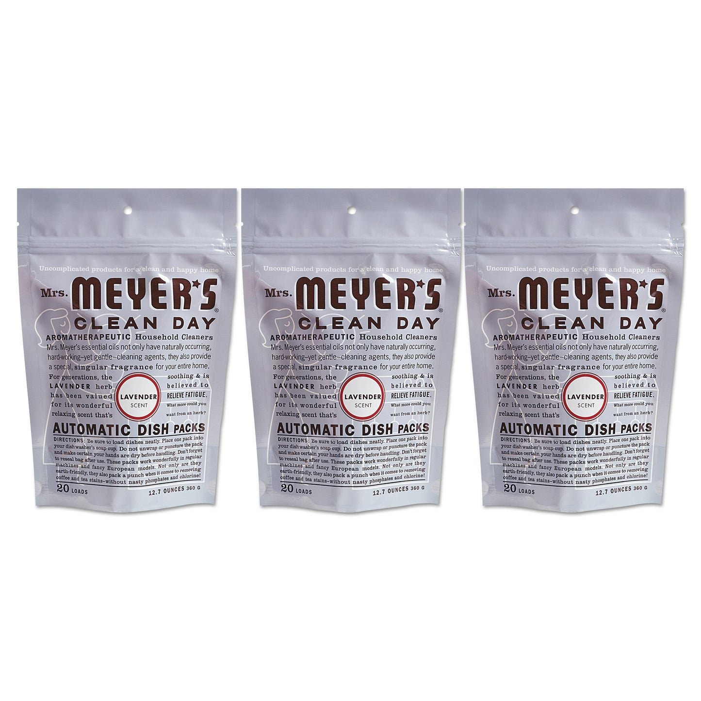 Mrs. Meyer's Automatic Dish Detergent, Lavender, 12.7 oz Pack, 20/Pack, 6 Packs/Carton