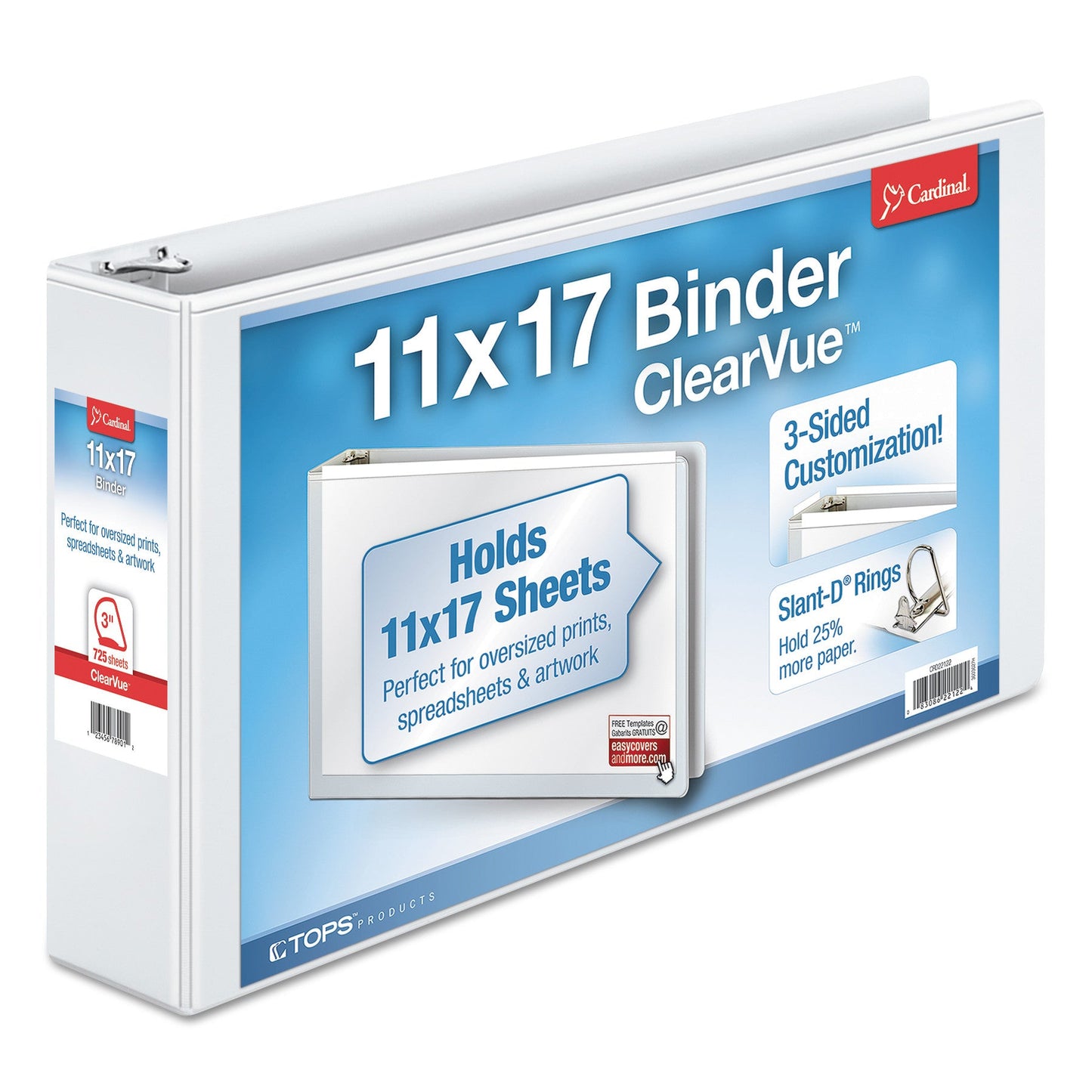 Cardinal ClearVue Slant-D Ring Binder, 3 Rings, 3" Capacity, 11 x 17, White