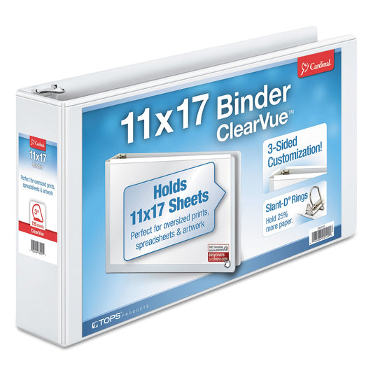 Cardinal ClearVue Slant-D Ring Binder, 3 Rings, 3" Capacity, 11 x 17, White