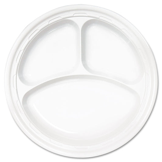 Dart Famous Service Plastic Dinnerware, Plate, 3-Compartment, 10.25" dia, White, 125/Pack, 4 Packs/Carton