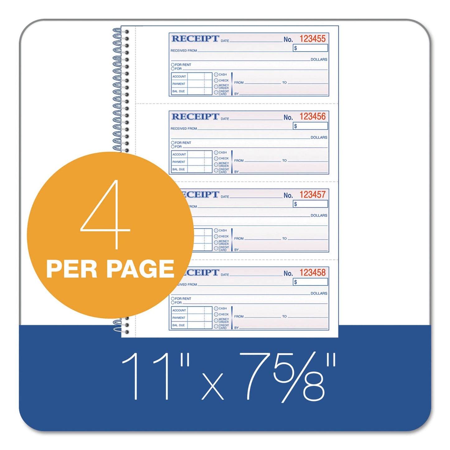 Adams TOPS Money/Rent Receipt Book, 7.13 x 2.75, Two-Part Carbon, 4/Page, 200 Forms