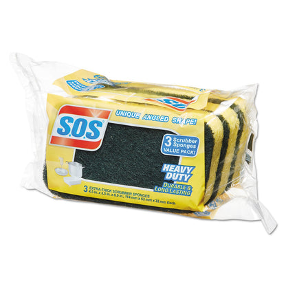 S.O.S. Heavy Duty Scrubber Sponge, 2.5 x 4.5, 0.9" Thick, Yellow/Green, 3/Pack, 8 Packs/Carton