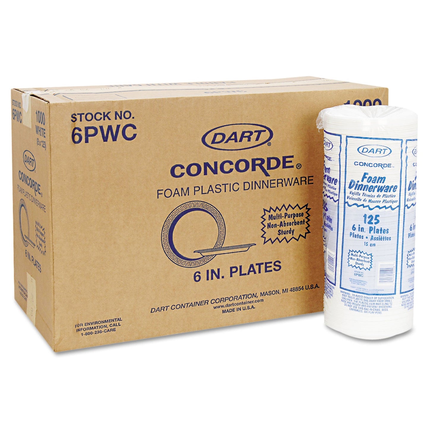 Dart Concorde Foam Plate, 6" dia, White, 1,000/Carton