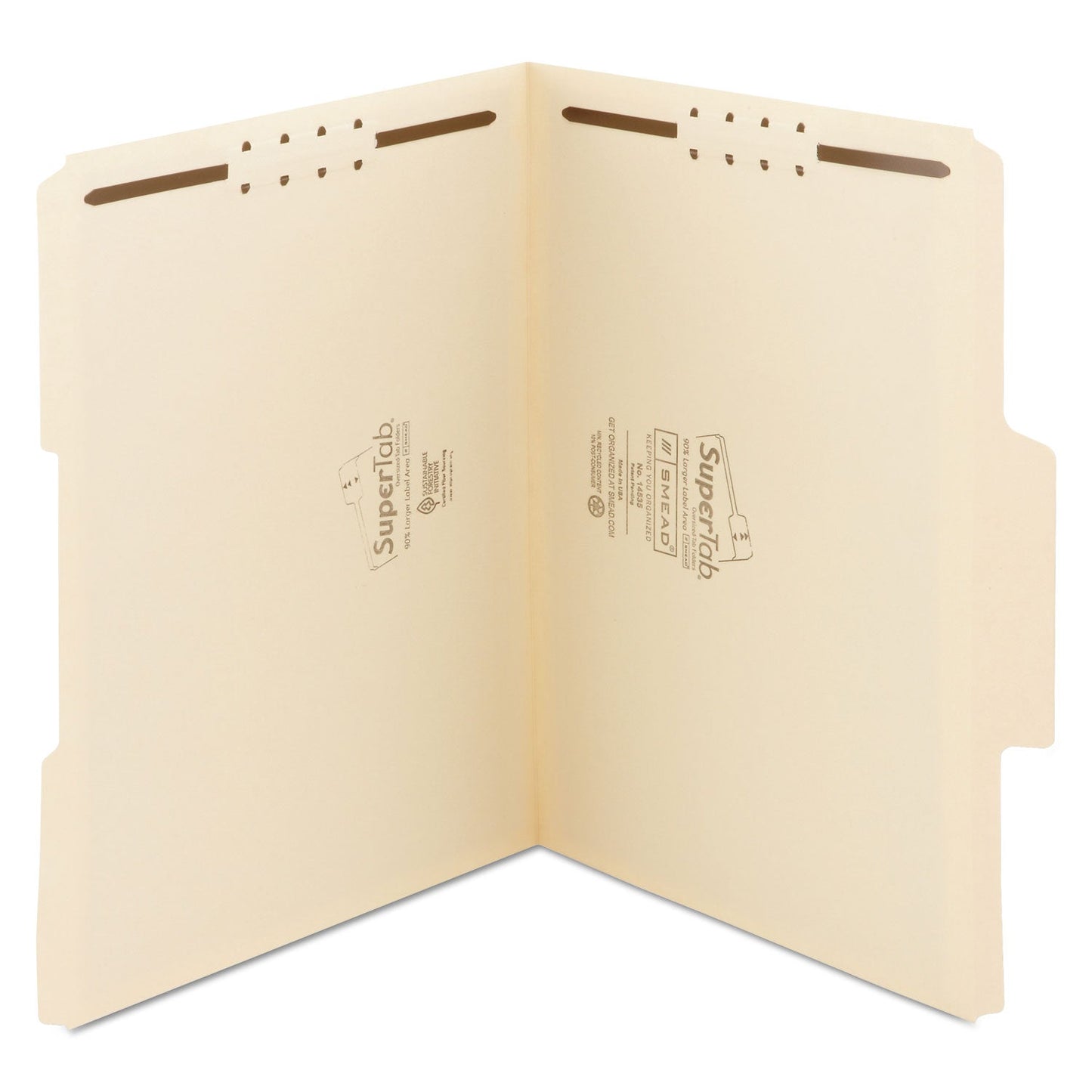 Smead SuperTab Reinforced Guide Height Fastener Folders, 2 Fasteners, Letter Size, 14-pt Manila Exterior, 50/Box