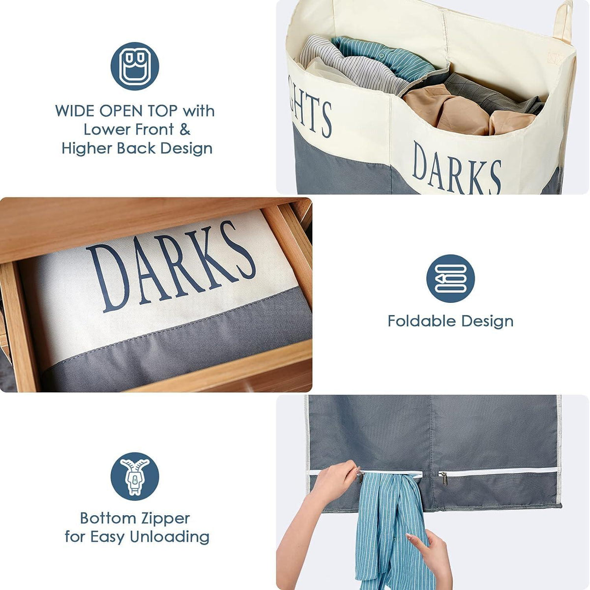 The Fine Living Co. X Large Two Compartments Hanging Laundry Hamper with Over Door Hooks Durable Space Saving Laundry Bag Storage with Bottom Zipper Wide Open Top Dark Light Compartment(25 x10 x31 )