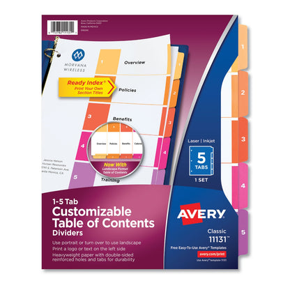 Avery Customizable TOC Ready Index Multicolor Tab Dividers, 5-Tab, 1 to 5, 11 x 8.5, White, Traditional Color Tabs, 1 Set