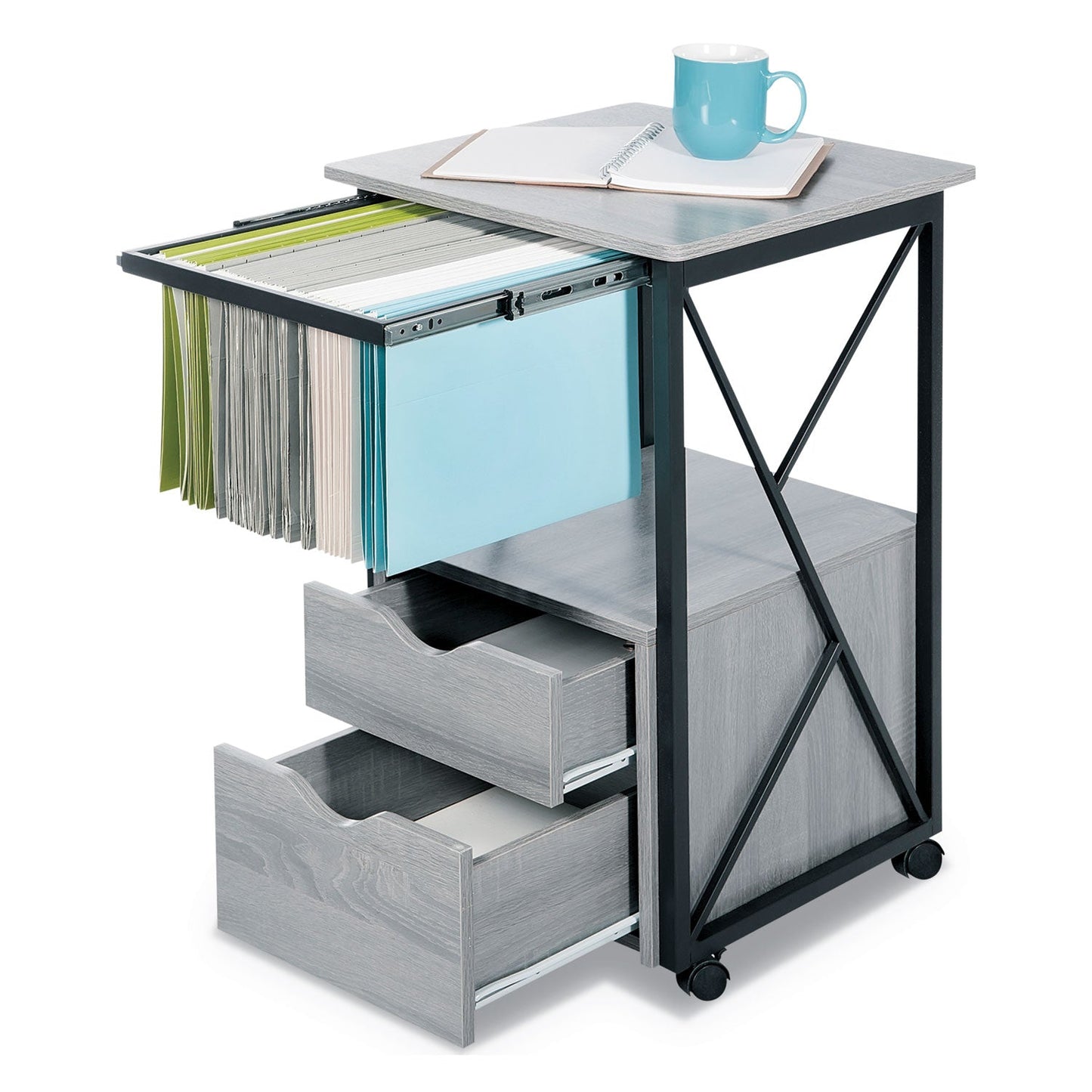 Safco Mood Storage Pedestals with Open-Format Hanging File Rack, Left or Right, 2 Drawers: Box/File, Gray, 17.75" x 17.75" x 30"