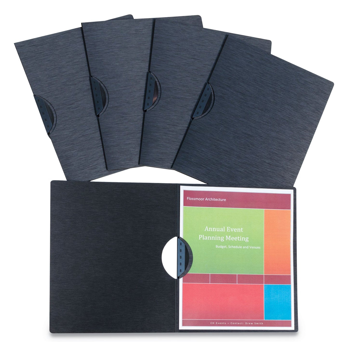 C-Line Modern Metallic Executive Style Report Cover, Swing Clip, 8.5 x 11, Black/Black, 5/Pack