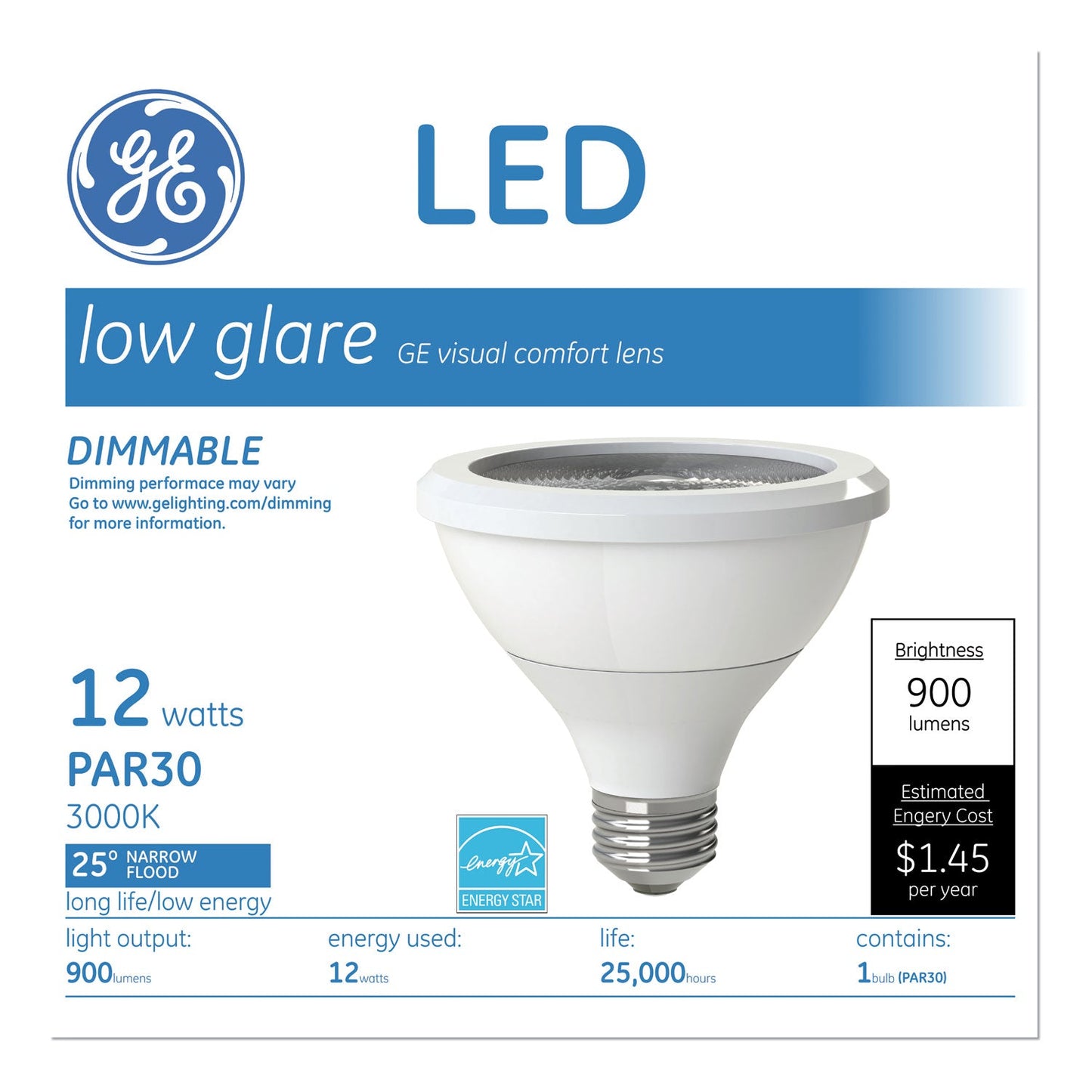 GE LED PAR30 Dimmable Warm White Flood Light Bulb, 2700K, 12 W