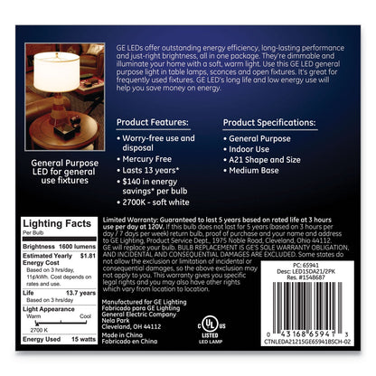 GE LED Soft White A21 Dimmable Light Bulb, 15 W, 2/Pack