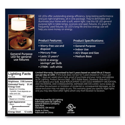 GE LED Soft White A21 Dimmable Light Bulb, 12 W, 2/Pack