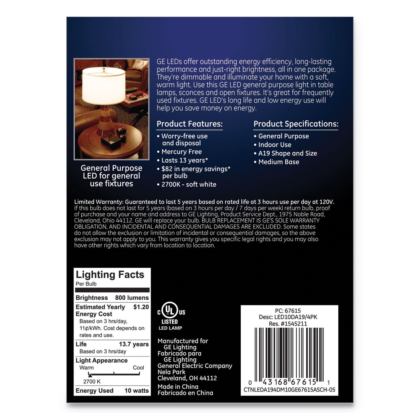 GE LED Soft White A19 Dimmable Light Bulb, 10 W, 4/Pack