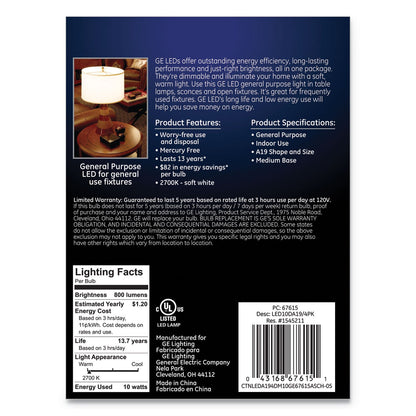 GE LED Soft White A19 Dimmable Light Bulb, 10 W, 4/Pack