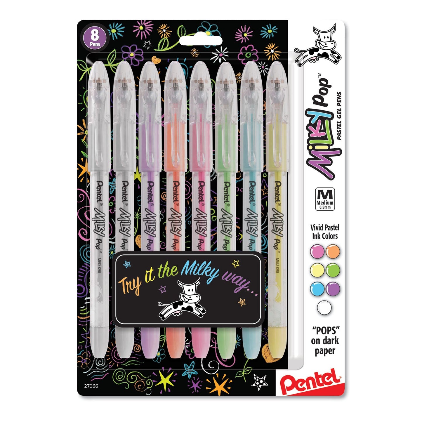 Pentel Milky Pop Gel Pen, Stick, Medium 0.8 mm, Assorted Ink and Barrel Colors, 8/Pack