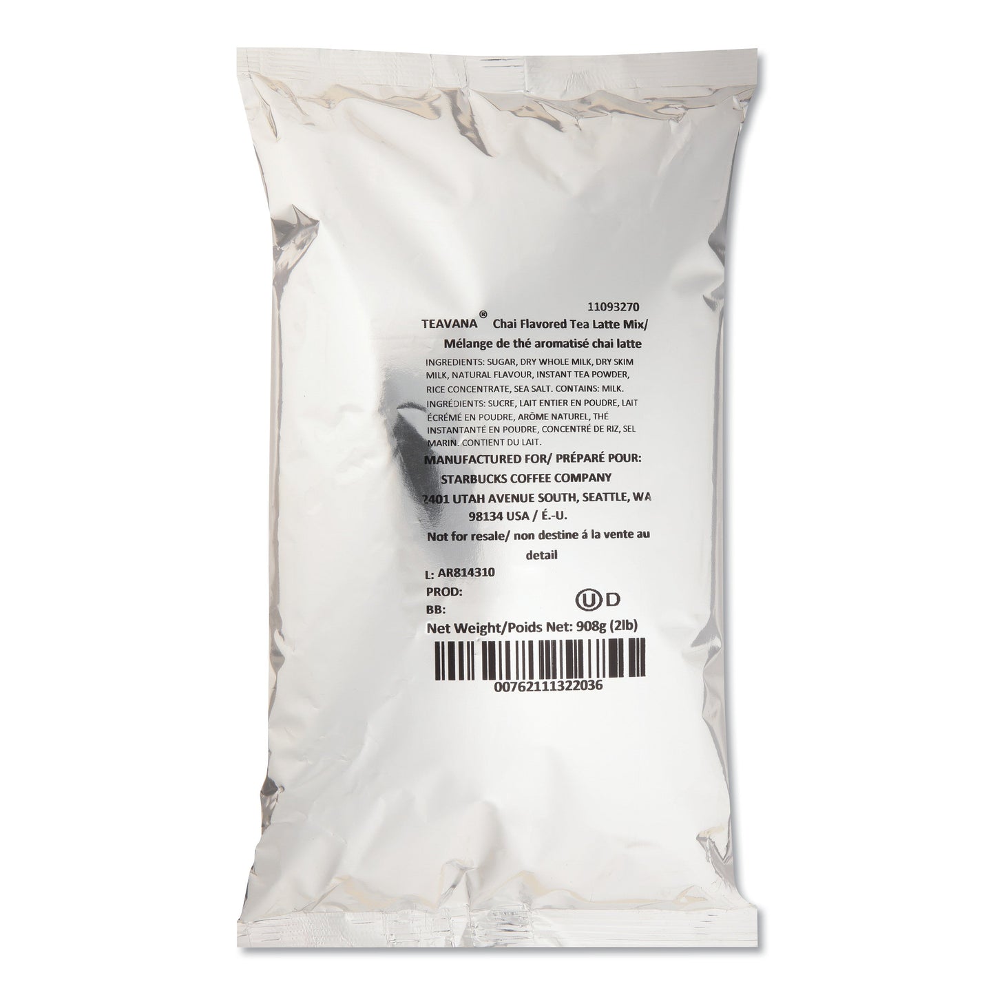 Starbucks Teavana Chai Tea Latte Mix, Chai Latte, 2 lb, Bag, 6/Carton