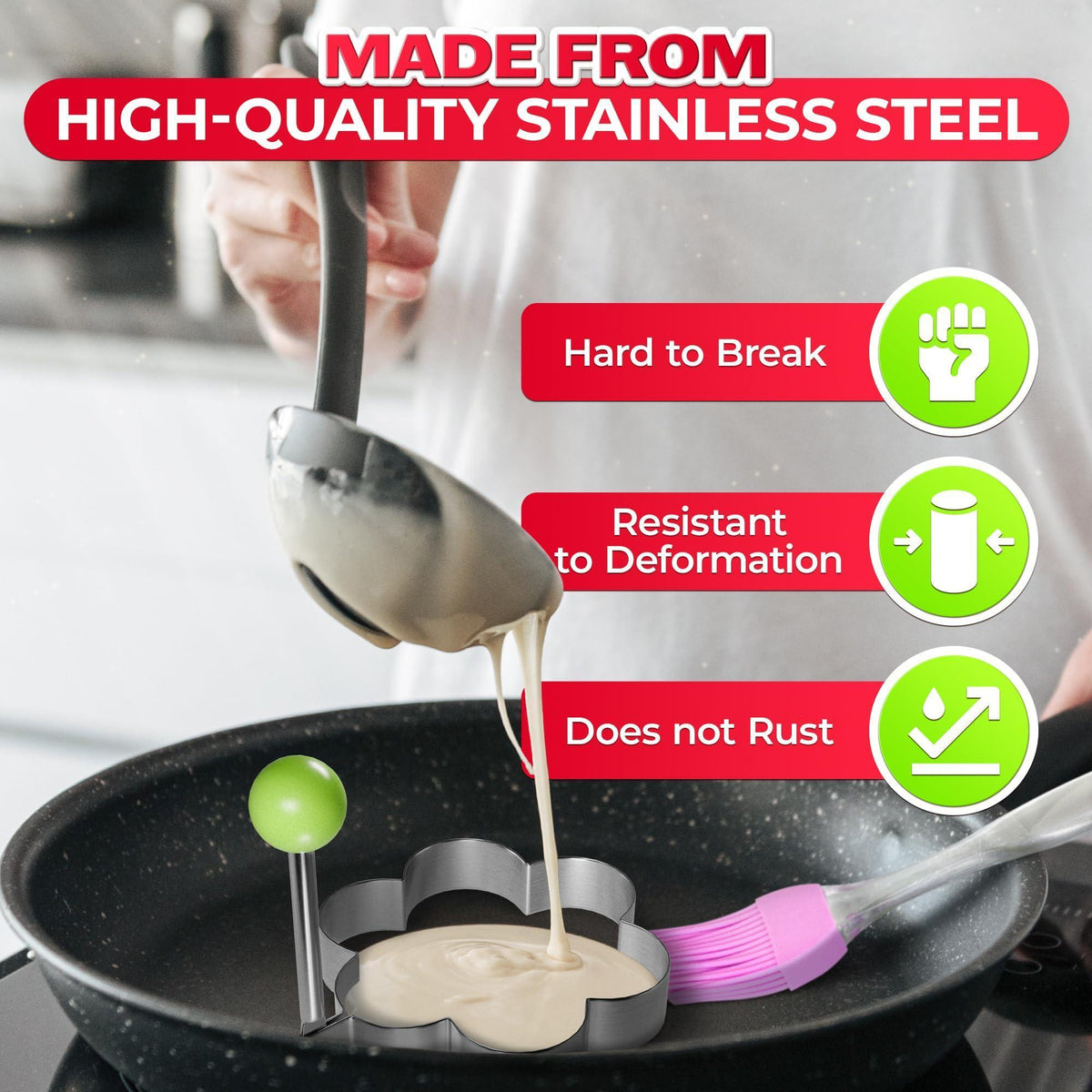 5 Pcs Pancake Mold Set – Stainless Steel Pancake Molds for Griddle with Fun Shapes Comfortable Handles and Non Slip Design – Egg Shaper for Frying Pan With Silicone Brush for Easy Use & Cleaning