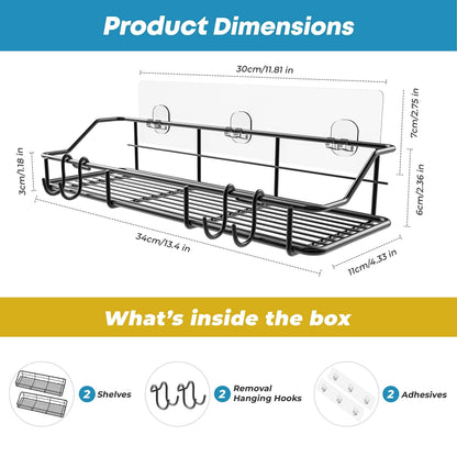 Adhesive Shower Caddy 2 Pack Black Shelf Organizer with Hooks Stainless Steel