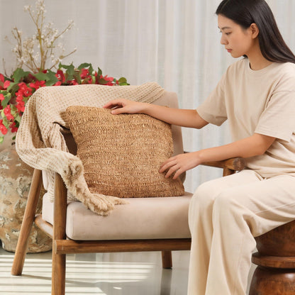 Raffia Hand Knitted Pillow Cover 18x18 inch Boho Decorative Cushion Cover for Couch Sofa or Bed Rustic Natural Throw Pillow Case 1pc