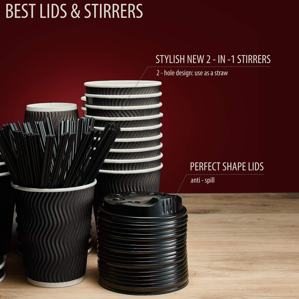 Primens Insulated Disposable Coffee Cups with Lids & Straws 12 oz, 100 Packs  Paper Cups for Hot Beverage Drinks To Go Tea Coffee Home Office Car Coffee Shop Party (Black)