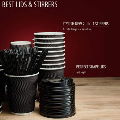 Primens Insulated Disposable Coffee Cups with Lids & Straws 12 oz, 100 Packs  Paper Cups for Hot Beverage Drinks To Go Tea Coffee Home Office Car Coffee Shop Party (Black)