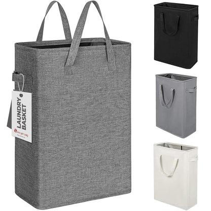 Slim Laundry Hamper With Handles Collapsible Laundry Basket Thin Dirty Clothes Basket Narrow Laundry Bag Foldable Dirty Cloth Hamper 45L (21 inchesDark Grey)