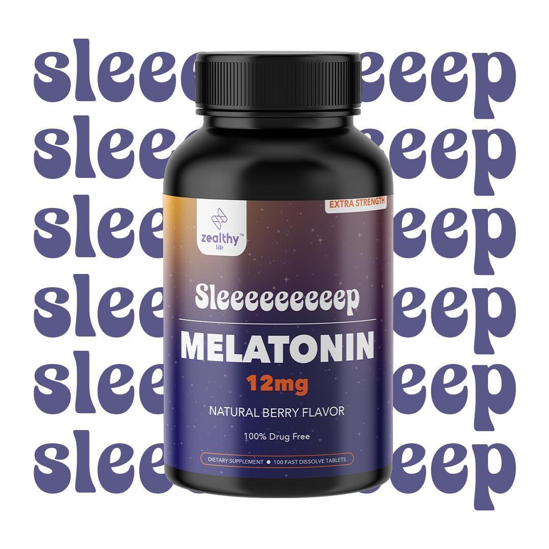 Melatonin 12mg Fast Dissolve Tablets – Natural Berry Flavor 100 Count – Extra Strength Sleep Support for Adults – Non Habit Forming 100 Day Supply