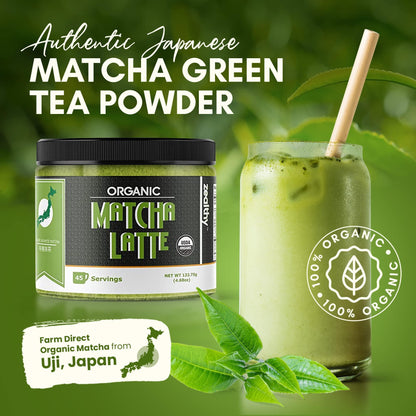 Zealthy Life   Organic Matcha Latte Pure Japanese Tea Blend with Ashwagandha & Maca Matcha Tea Powder with Natural Coconut Milk & Vanilla No Added Sugar 4.68 oz (45 Servings)