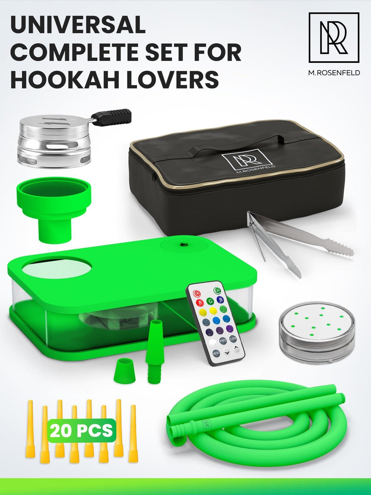 M. ROSENFELD Green Hookah Set With Everything  Premium Small Hookah Set For Travel With Case  Green Hooka With Case With Charcoal Holder & Coal Cover  M. ROSENFELD Travel Hooka Set With Everything