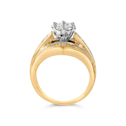 14K Yellow Gold 2-1/3 Cttw Diamond Cluster Channel Set Chevron Shaped Band Engagement Ring & Wedding Band Set