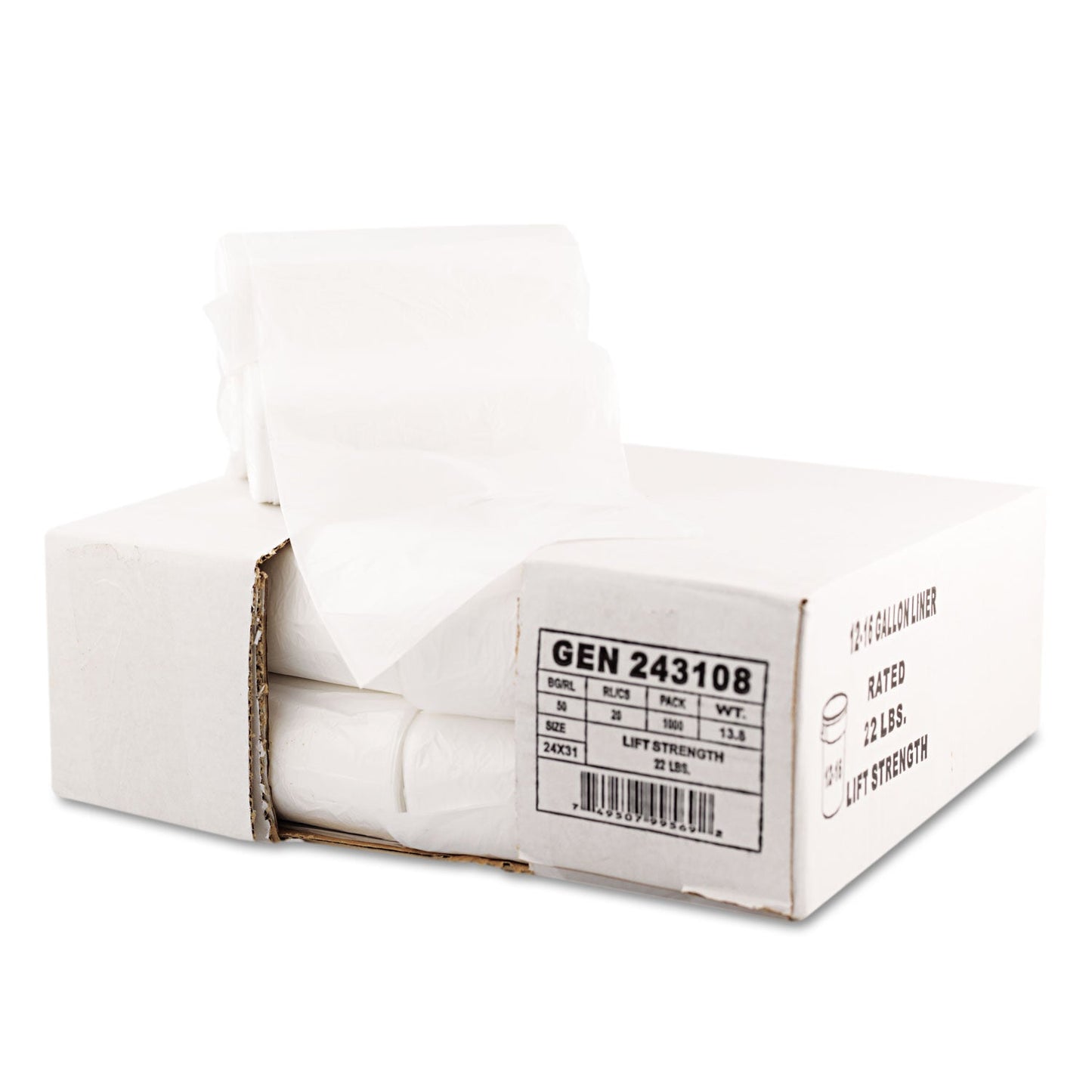 GEN High Density Can Liners, 16 gal, 7 microns, 24" x 31", Natural, 1,000/Carton