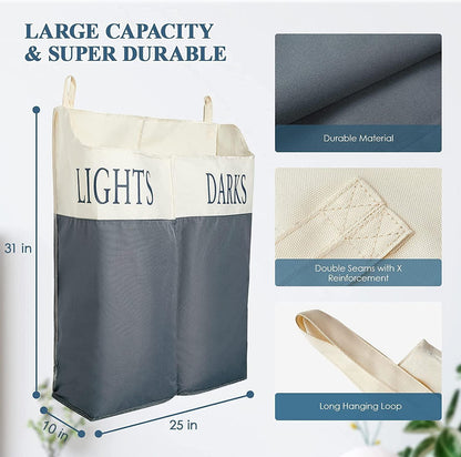 The Fine Living Co. X Large Two Compartments Hanging Laundry Hamper with Over Door Hooks Durable Space Saving Laundry Bag Storage with Bottom Zipper Wide Open Top Dark Light Compartment(25 x10 x31 )