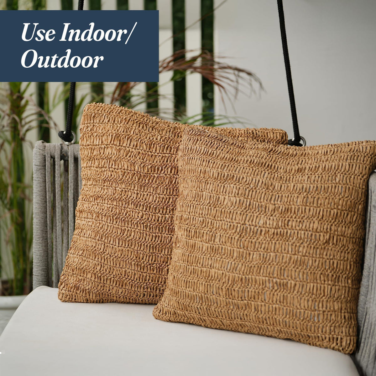Raffia Hand Knitted Pillow Cover 18x18 inch Boho Decorative Cushion Cover for Couch Sofa or Bed Rustic Natural Throw Pillow Case 1pc