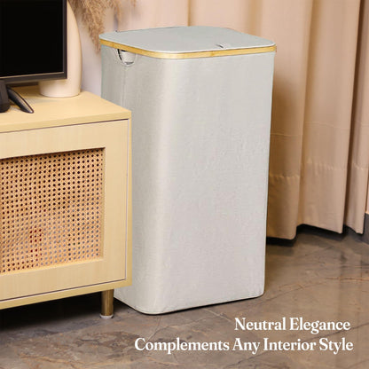 Ivory 100L Large Laundry Hamper with Lid Narrow Foldable Slim Laundry Basket with Bamboo Handles Skinny Tall Dirty Clothes Hamper for Dorm Bathroom Bedroom
