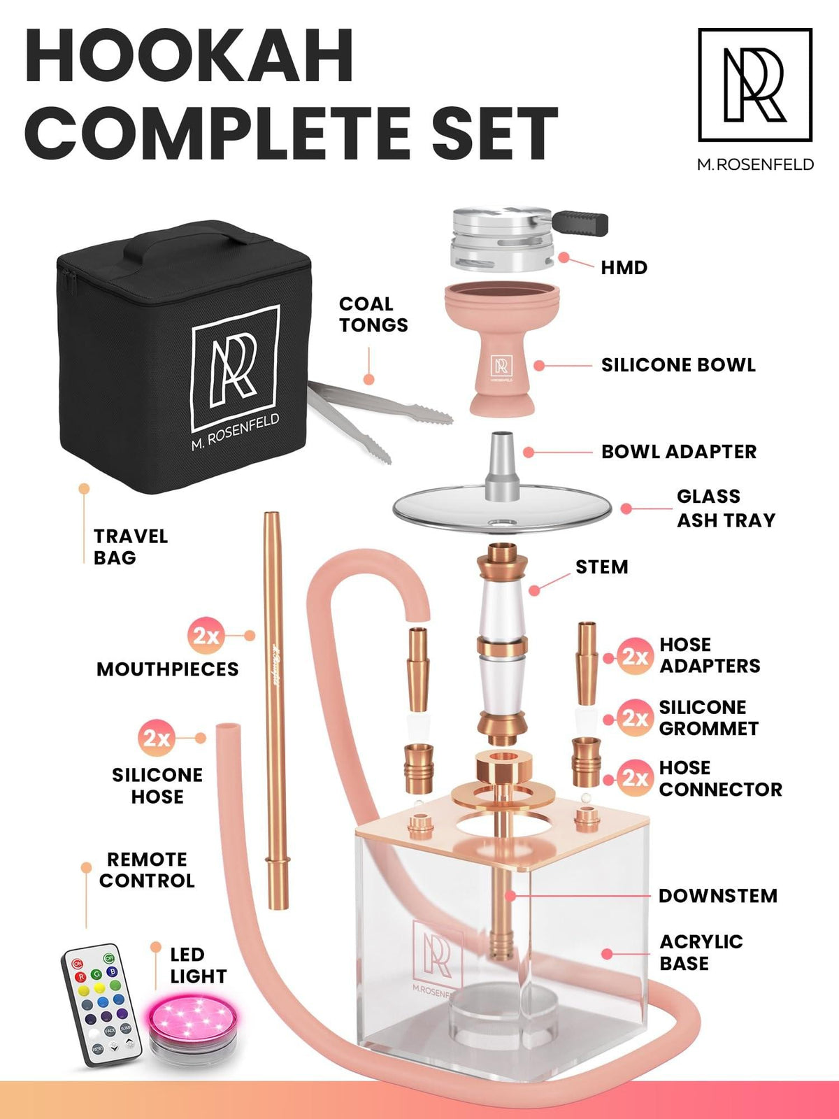 Rose Gold Hookah Set with Everything – Hookah Set 2 Hose with LED Base, Easy Setup, and Large Cloud Performance Hookah Machine  Premium Shisha 2 Hose for Home & Parties