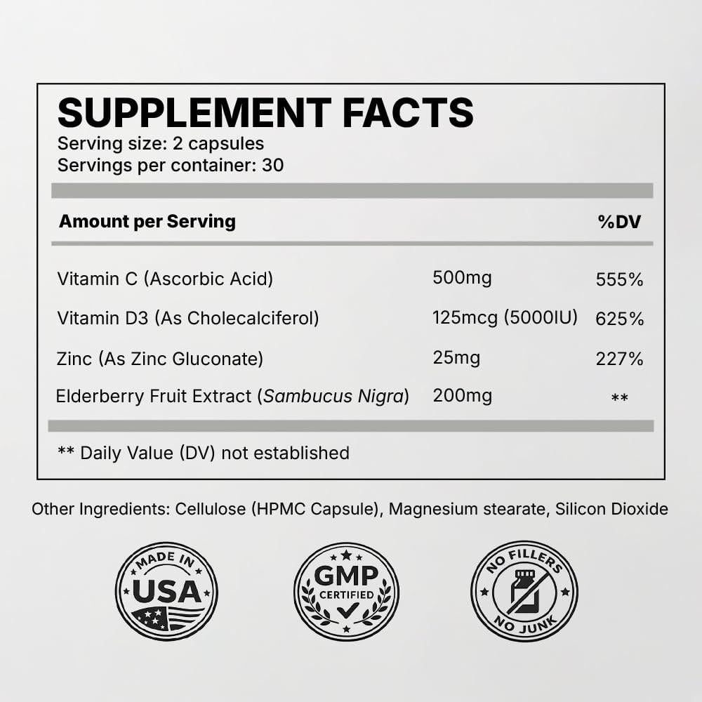 Immune Support Capsules for Adults with Elderberry, Vitamin C, Vitamin D3 & Zinc – Daily Immune Defense Supplement  Zealthy Life  60 Capsules