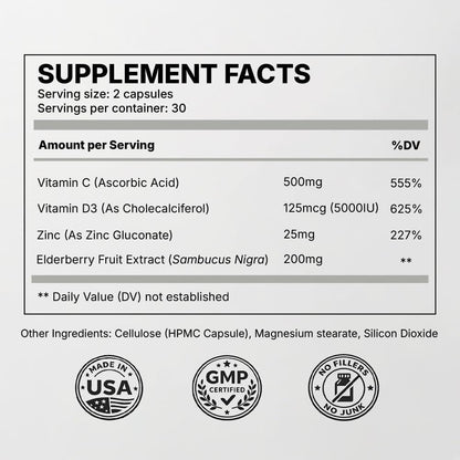 Immune Support Capsules for Adults with Elderberry, Vitamin C, Vitamin D3 & Zinc – Daily Immune Defense Supplement  Zealthy Life  60 Capsules