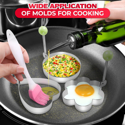 5 Pcs Pancake Mold Set – Stainless Steel Pancake Molds for Griddle with Fun Shapes Comfortable Handles and Non Slip Design – Egg Shaper for Frying Pan With Silicone Brush for Easy Use & Cleaning