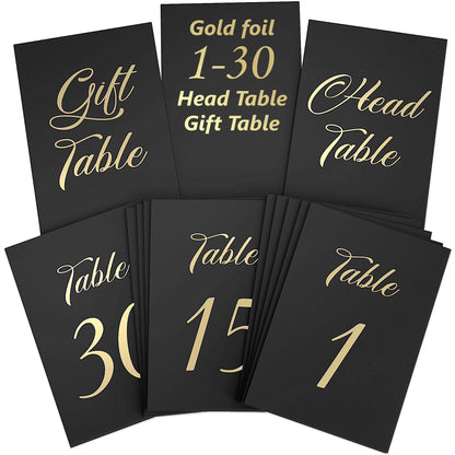 Black Table Numbers 1 30 for Wedding Reception with Gold Foil Table Number Cards 4x6 with Head & Gift Table Restaurant Table Numbers Wedding Numbers for Tables Card Stock Wedding Table Numbers