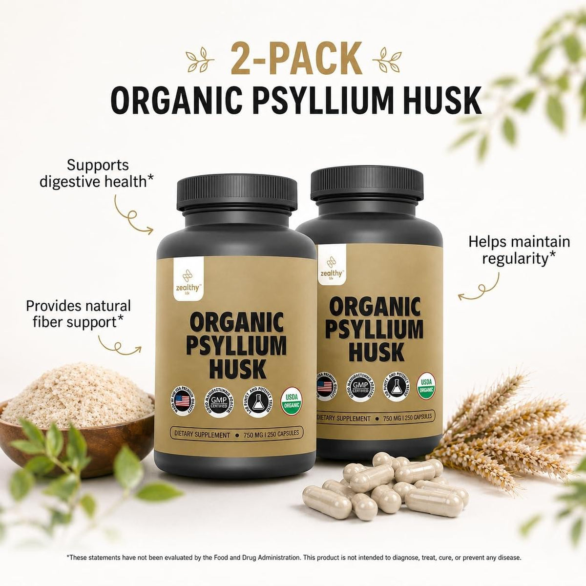 Organic Psyllium Husk Capsules 750 mg, Natural Fiber Supplement for Gut Health*  Alternative to Psyllium Husk Powder, Zealthy Life, 250 Capsules  Pack of 2