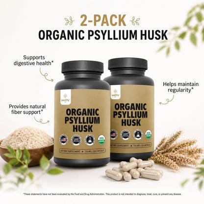 Organic Psyllium Husk Capsules 750 mg, Natural Fiber Supplement for Gut Health*  Alternative to Psyllium Husk Powder, Zealthy Life, 250 Capsules  Pack of 2