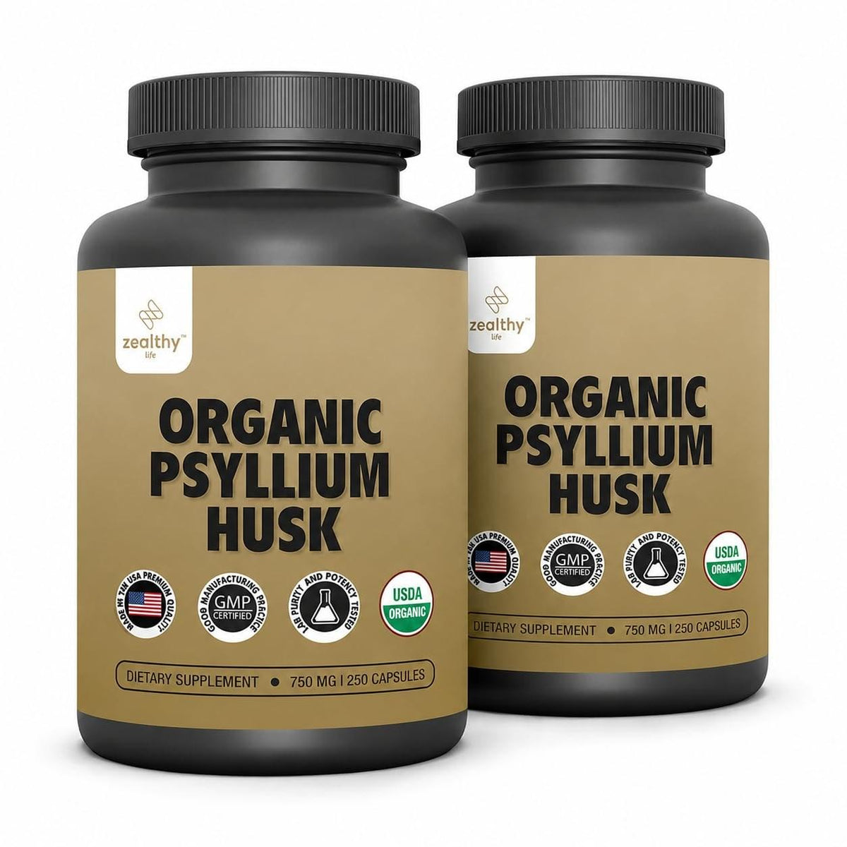 Organic Psyllium Husk Capsules 750 mg, Natural Fiber Supplement for Gut Health*  Alternative to Psyllium Husk Powder, Zealthy Life, 250 Capsules  Pack of 2