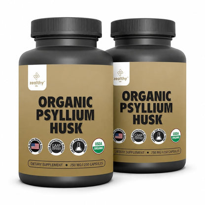 Organic Psyllium Husk Capsules 750 mg, Natural Fiber Supplement for Gut Health*  Alternative to Psyllium Husk Powder, Zealthy Life, 250 Capsules  Pack of 2