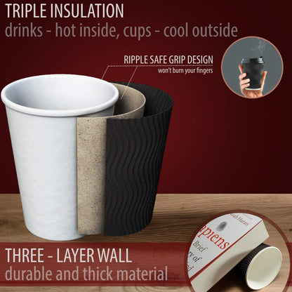 Primens Insulated Disposable Coffee Cups with Lids & Straws 12 oz, 100 Packs  Paper Cups for Hot Beverage Drinks To Go Tea Coffee Home Office Car Coffee Shop Party (Black)