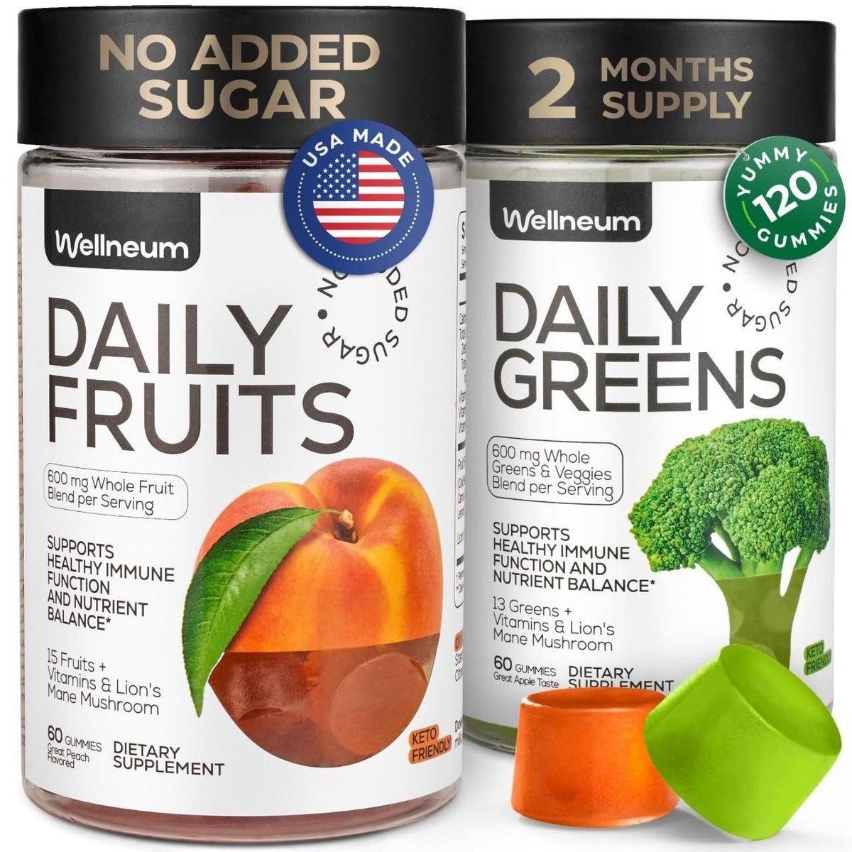 Super Greens  Super Fruits Gummies (Fruits/Greens Powder in Gummies Form)  600mg Greens Blend  600mg Fruits Blend for Immune Support, Sugar Free, Vegetarian, NonGMO, 2Pack (120 Gummies)
