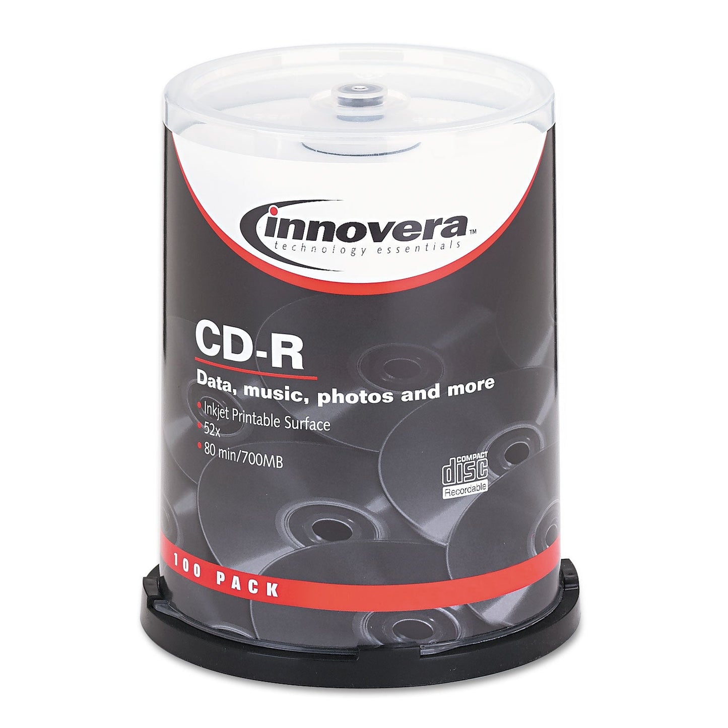 Innovera CD-R Inkjet Printable Recordable Disc, 700 MB/80 min, 52x, Spindle, Matte White, 100/Pack