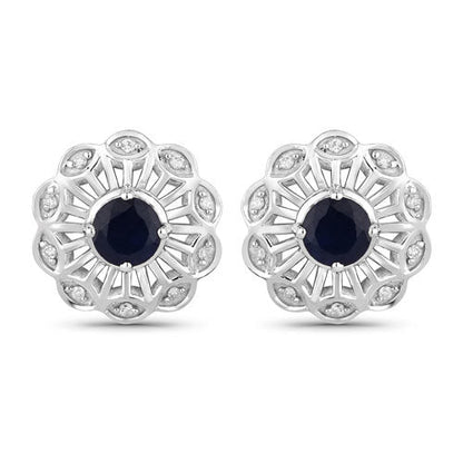 0.60 Carat Genuine Blue Sapphire and White Diamond 14K White Gold Earrings