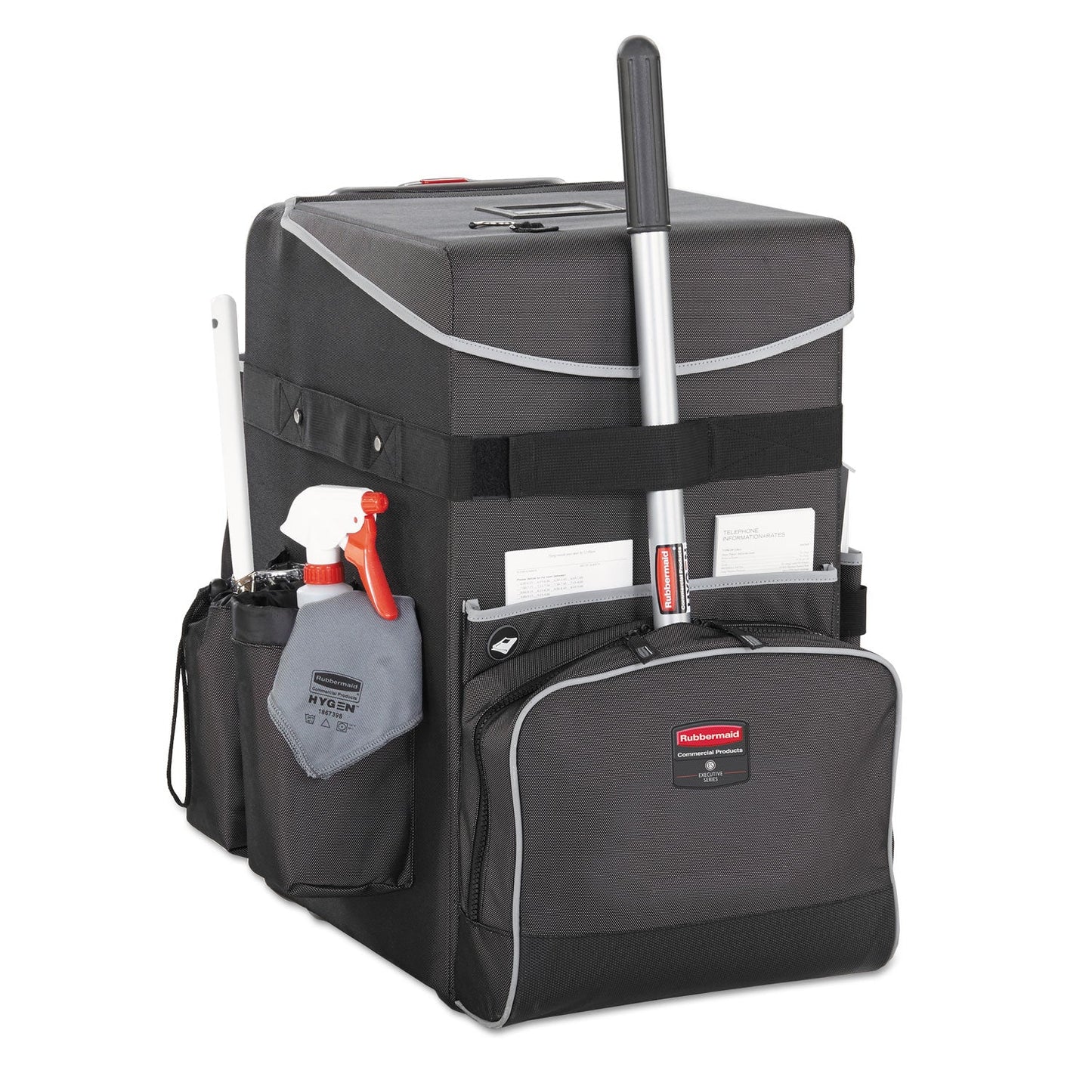 Rubbermaid Executive Quick Clean Janitorial Cart, Synthetic Fabric, 16 Compartments, 14.25" x 16.5" x 25", Dark Gray