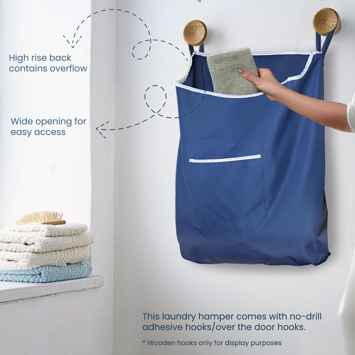 Fine Living Large Hanging Laundry Hamper with Over Door Hooks & Adhesive Durable Space Saving Laundry Bag with Zipper and Wide Open Top Hanging Dorm Laundry Hamper 18 x4.75 x28  (Navy Blue L)